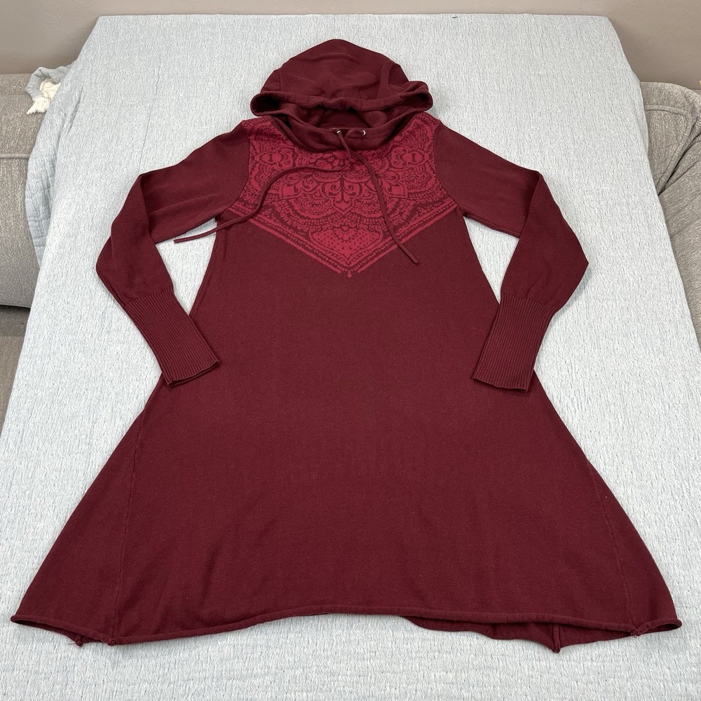 PRANA Coco Sweater Dress Hooded Flared Knit A Line Boho Burgundy Size Small